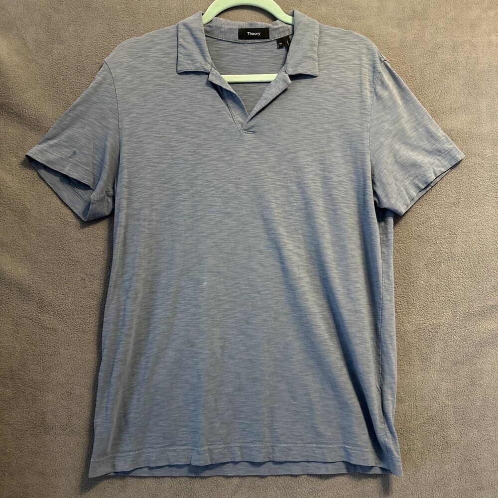 Theory Willem Cosmos Slub Cotton No Button Polo Shirt Mens‎ Size Medium Blue